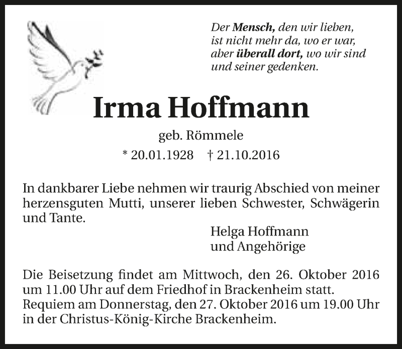  Traueranzeige für Irma Hoffmann vom 24.10.2016 aus 