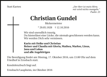 Traueranzeige von Christian Gundel 