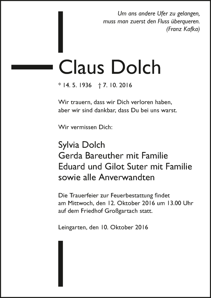  Traueranzeige für Claus Dolch vom 10.10.2016 aus 