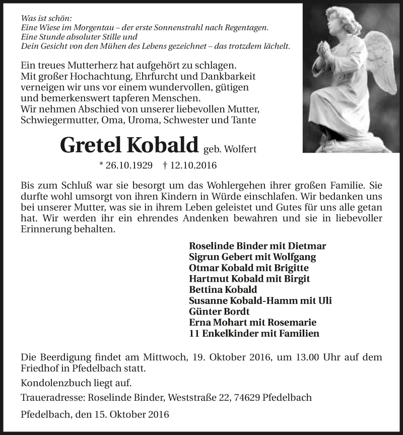  Traueranzeige für Gretel Kobald vom 15.10.2016 aus 