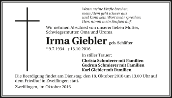 Traueranzeige von Irma Giebler 