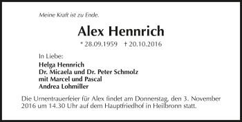 Traueranzeige von Alex Hennrich 