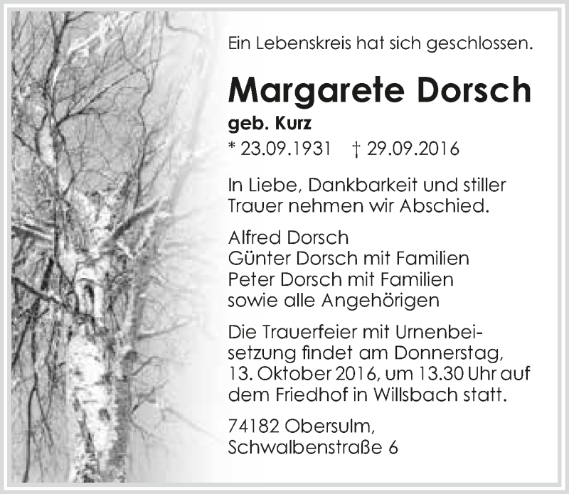  Traueranzeige für Margarete Dorsch vom 11.10.2016 aus 