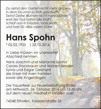 Traueranzeige von Hans Spohn 