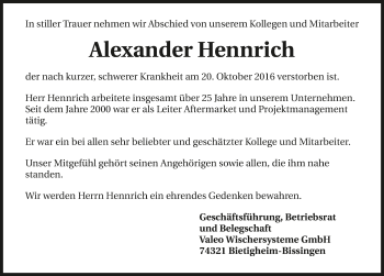 Traueranzeige von Alex Hennrich 