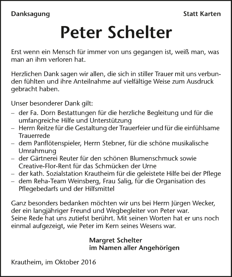  Traueranzeige für Peter Schelter vom 08.10.2016 aus 