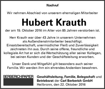 Traueranzeige von Hubert Krauth 
