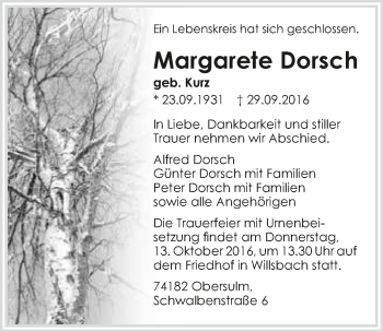 Traueranzeige von Margarete Dorsch 