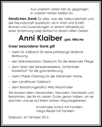 Traueranzeige von Anni Klaiber 