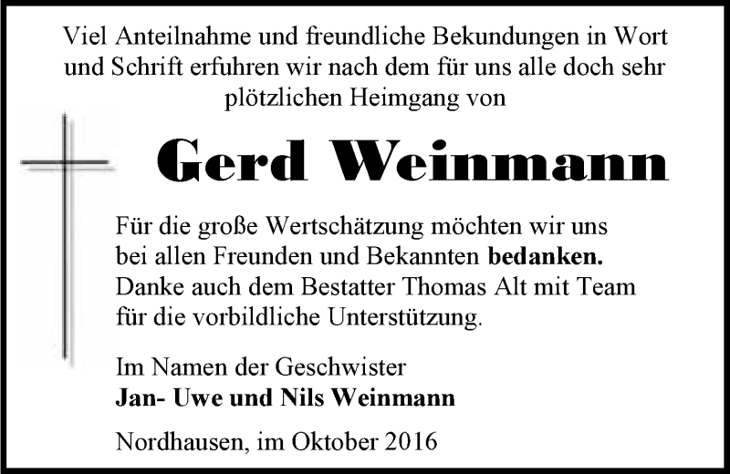  Traueranzeige für Gerd Weinmann vom 15.10.2016 aus 