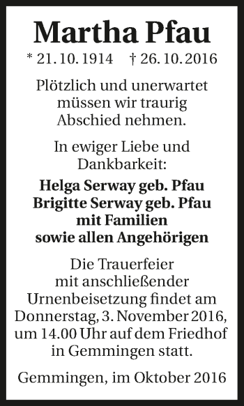 Traueranzeige von Martha Pfau 
