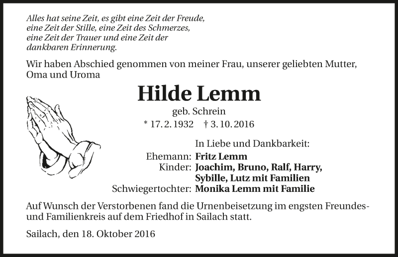  Traueranzeige für Hilde Lemm vom 18.10.2016 aus 