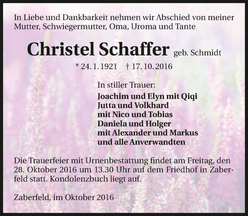  Traueranzeige für Christel Schaffer vom 25.10.2016 aus 