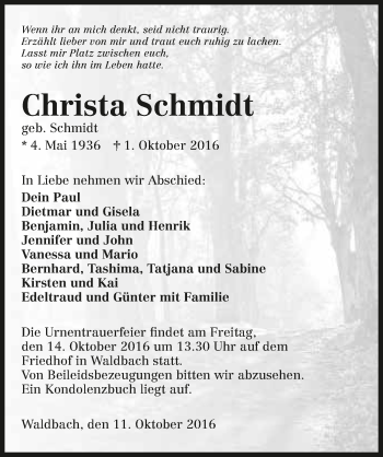 Traueranzeige von Christa Schmidt 
