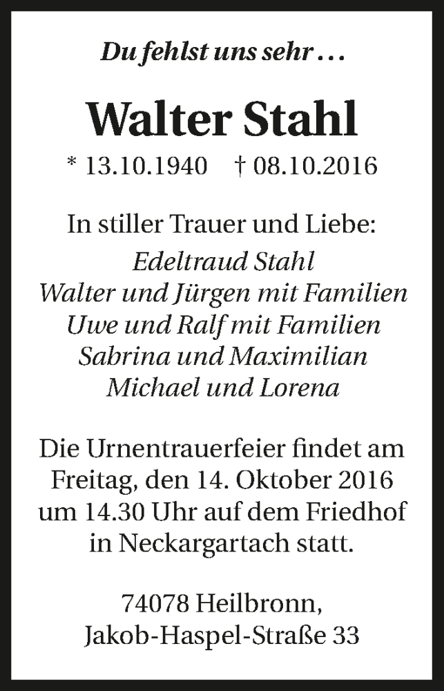  Traueranzeige für Walter Stahl vom 12.10.2016 aus 