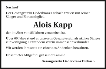 Traueranzeige von Alois Kapp 
