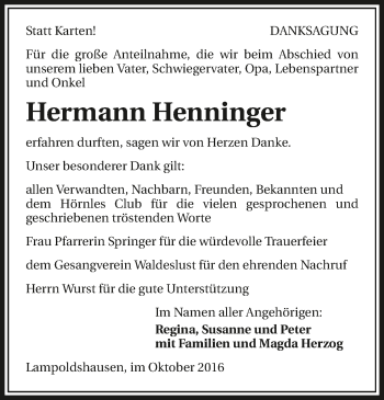 Traueranzeige von Hermann Henninger 