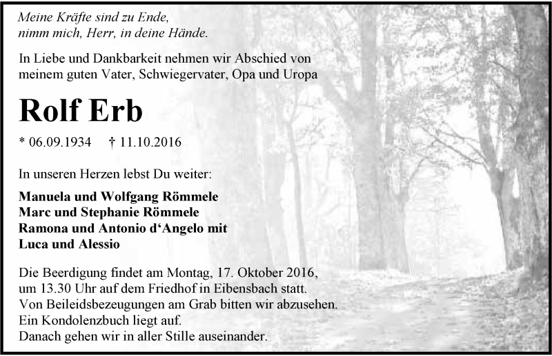  Traueranzeige für Rolf Erb vom 14.10.2016 aus 