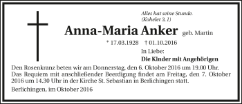 Traueranzeige von Anna-Maria Anker 