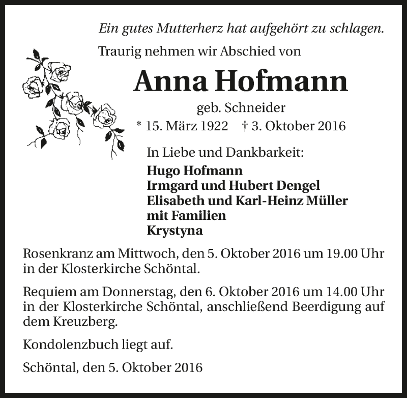 Traueranzeige für Anna Hofmann vom 05.10.2016 aus 