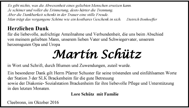  Traueranzeige für Martin Schütz vom 25.10.2016 aus 