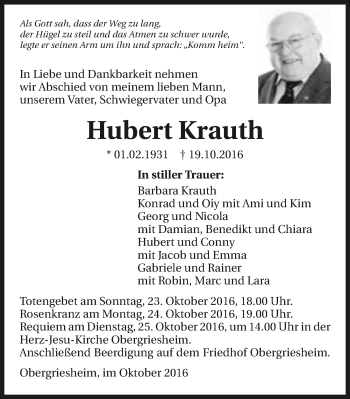 Traueranzeige von Hubert Krauth 