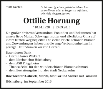 Traueranzeige von Ottilie Hornung 