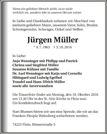 Traueranzeige von Jürgen Müller 