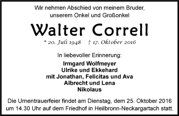 Traueranzeige von Walter Correll 