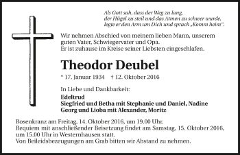 Traueranzeige von Theodor Deubel 