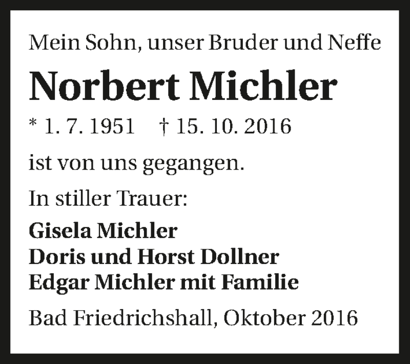  Traueranzeige für Norbert Michler vom 19.10.2016 aus 