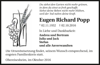 Traueranzeige von Eugen Richard Popp 