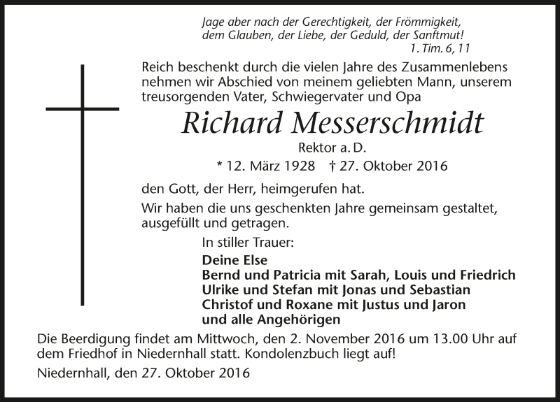  Traueranzeige für Richard Messerschmidt vom 29.10.2016 aus 