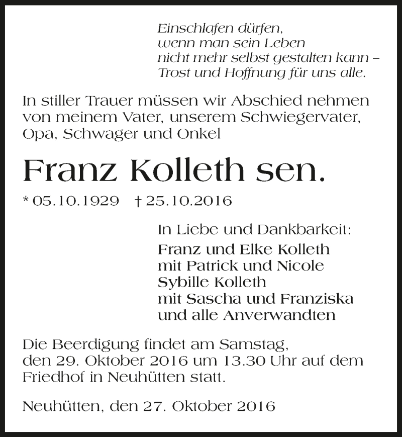  Traueranzeige für Franz Kolleth  vom 27.10.2016 aus 