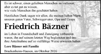 Traueranzeige von Friedrich Bäzner 