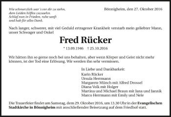 Traueranzeige von Fred Rücker 