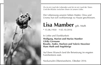 Traueranzeige von Lisa Mamber 