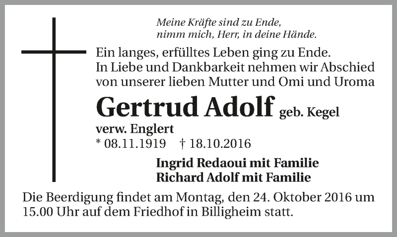  Traueranzeige für Gertrud Adolf vom 22.10.2016 aus 