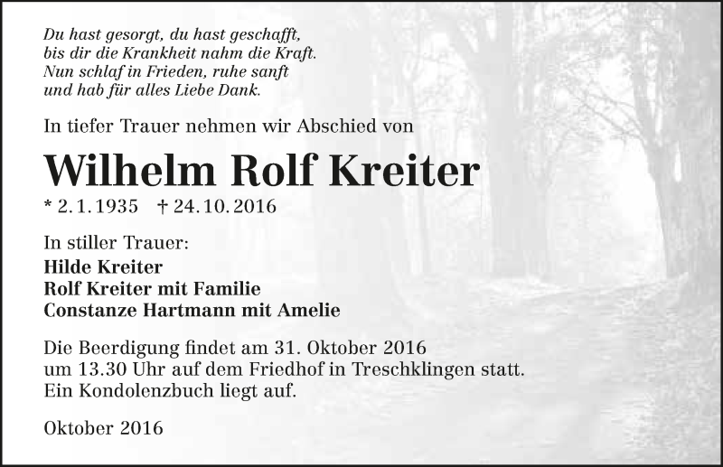  Traueranzeige für Wilhelm Rolf Kreiter vom 28.10.2016 aus 