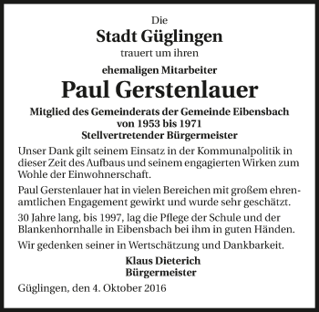 Traueranzeige von Paul Gerstenlauer 