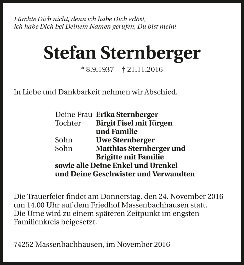  Traueranzeige für Stefan Sternberger vom 23.11.2016 aus 