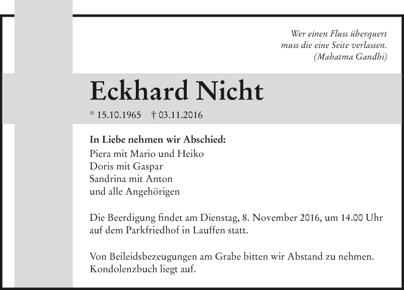  Traueranzeige für Eckhard Nicht vom 05.11.2016 aus 