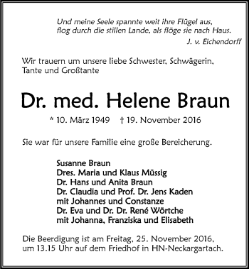 Traueranzeige von Helene Braun 