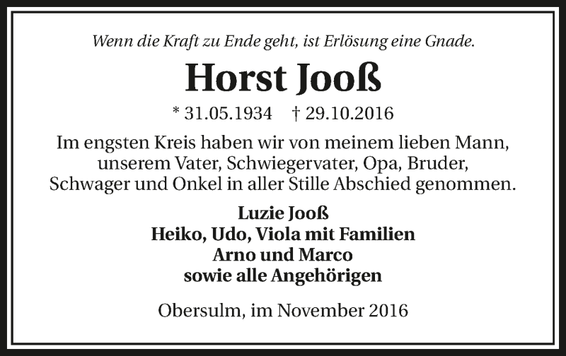 Traueranzeige für Horst Jooß vom 11.11.2016 aus 