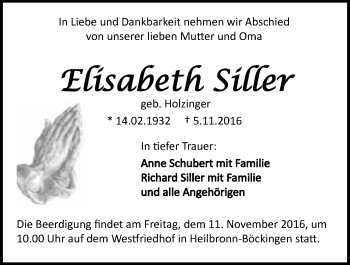 Traueranzeige von Elisabeth Siller 