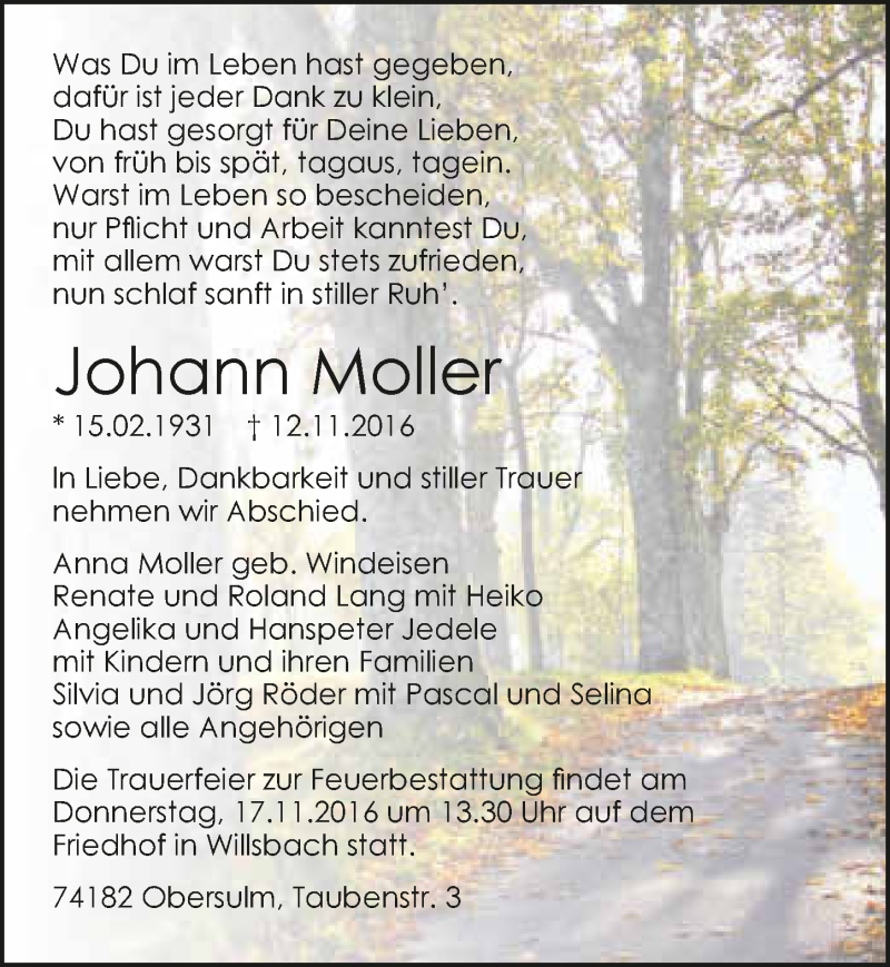  Traueranzeige für Johann Moller vom 14.11.2016 aus 
