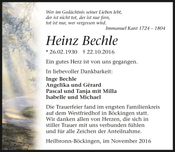 Traueranzeige von Heinz Bechle 