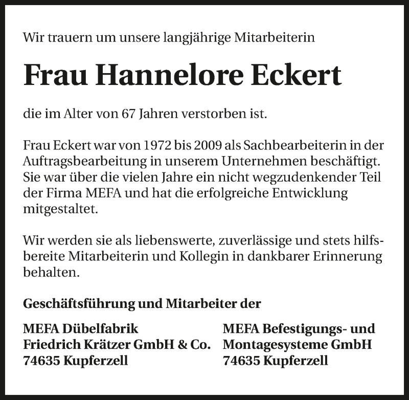  Traueranzeige für Hannelore Eckert vom 29.11.2016 aus 