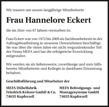 Traueranzeige von Hannelore Eckert 