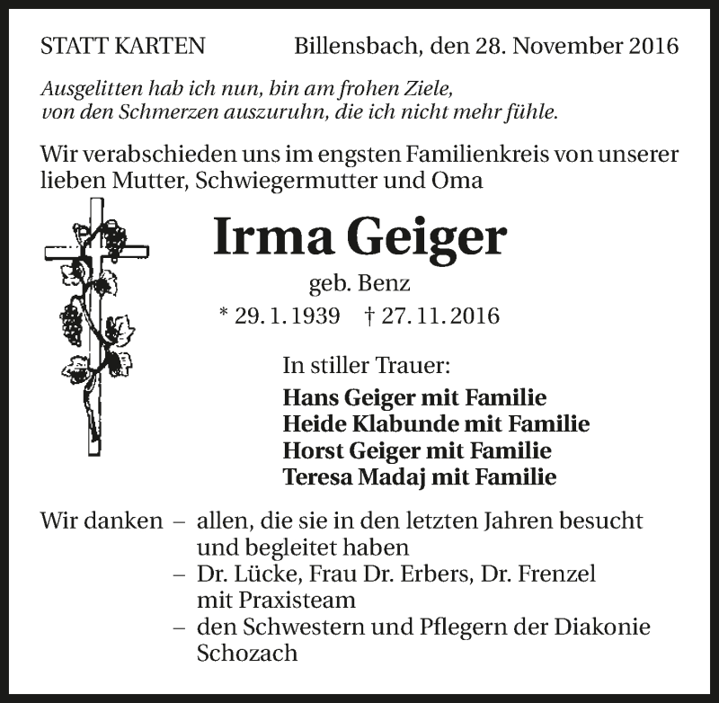 Traueranzeige für Irma Geiger vom 29.11.2016 aus 